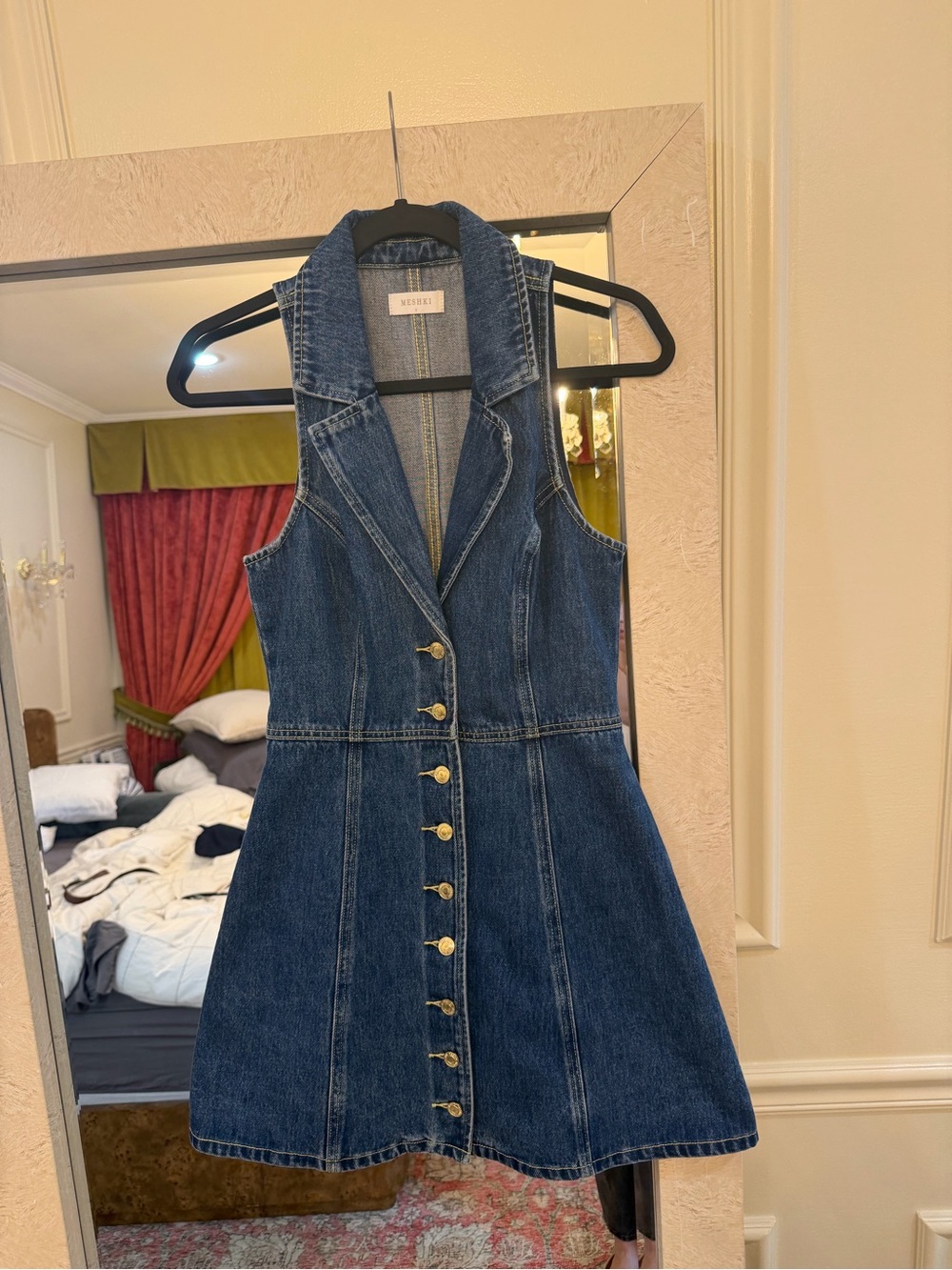 Meshki Dark Blue Denim Button-Front Sleeveless Dress